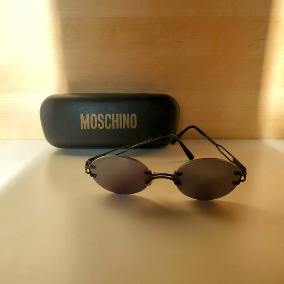 Moschino Vintage 90s Persol Small Oval Rimless Sunglasses Black Grey - Picture 7 of 16